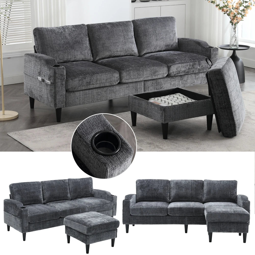 Canapé 4 Places Grand Confort avec Pouf Coffre