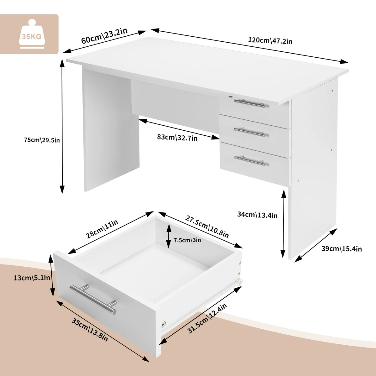 Bureau 3 Tiroirs & Serrure